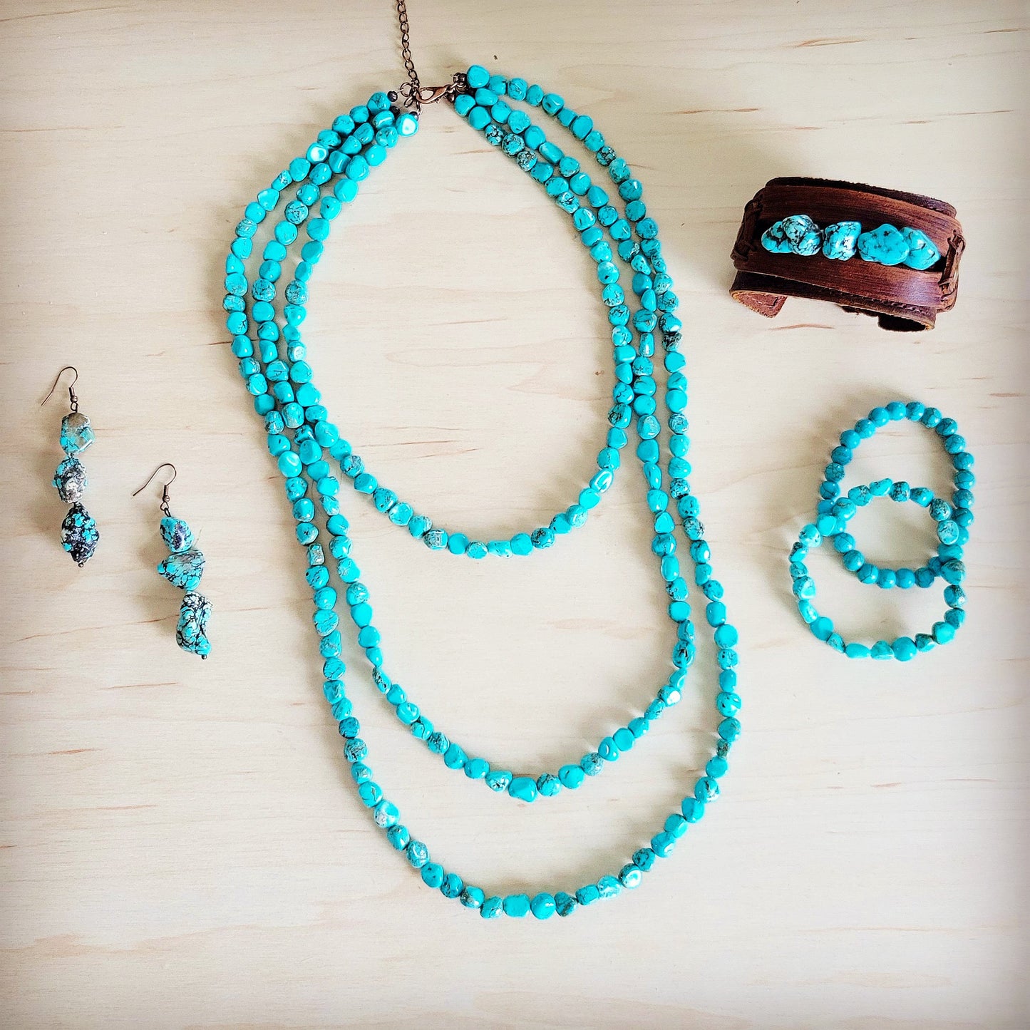 Triple Strand Layered Western Boho Small Dyed Turquoise Necklace 263p