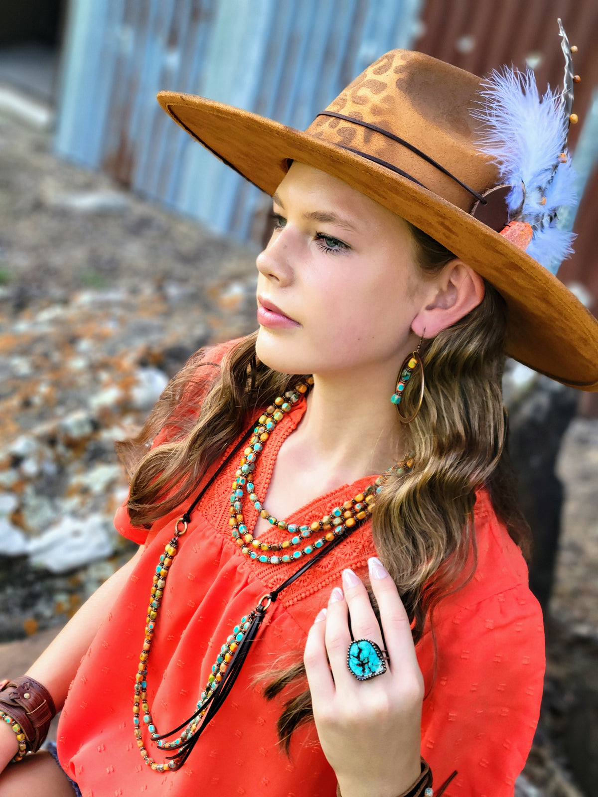 Western Copper Hoop Earrings w/ Sunrise Regalite 100f