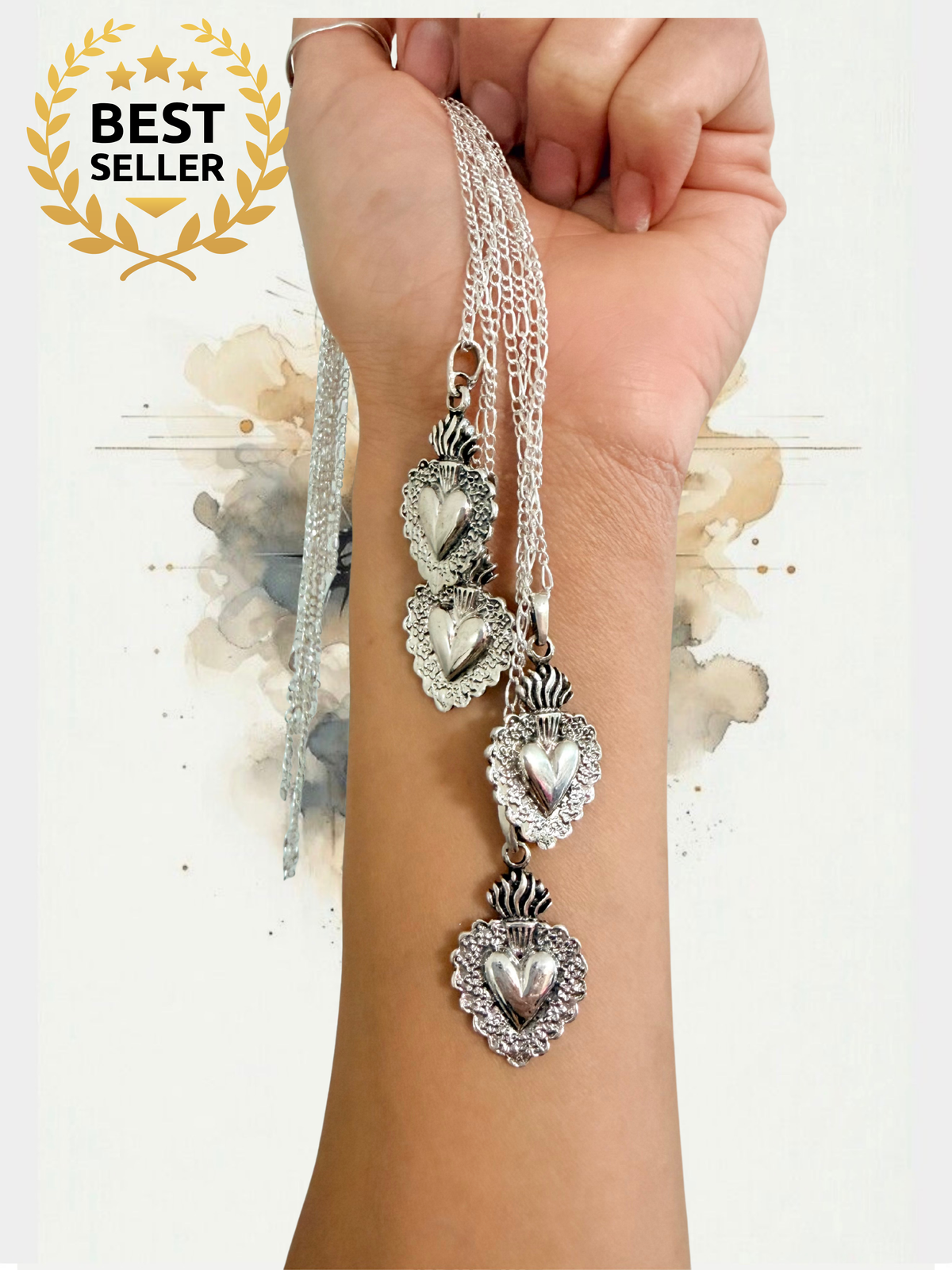 Sacred Heart Necklace in 925 Sterling Silver – Mexican design inspired in Frida khalo Figaro Chain, Collar de sagrado corazón de plata .925 plata mexicana