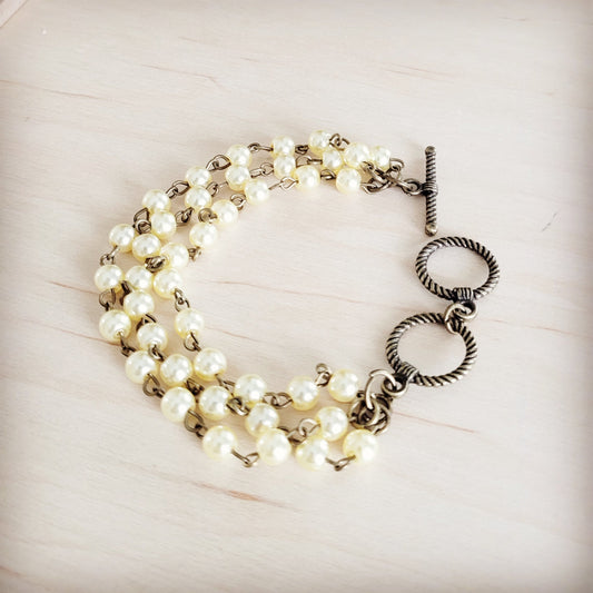 **Champagne Pearl Triple Strand Beaded Bracelet 812a