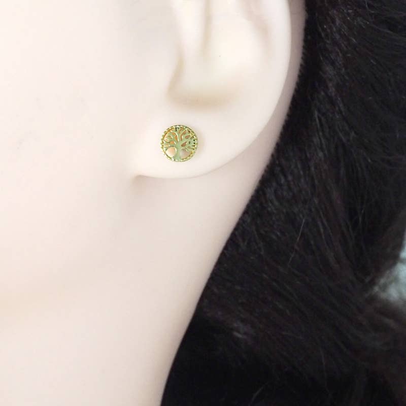 Gold Life Tree Stud Earrings, Sku#Y775