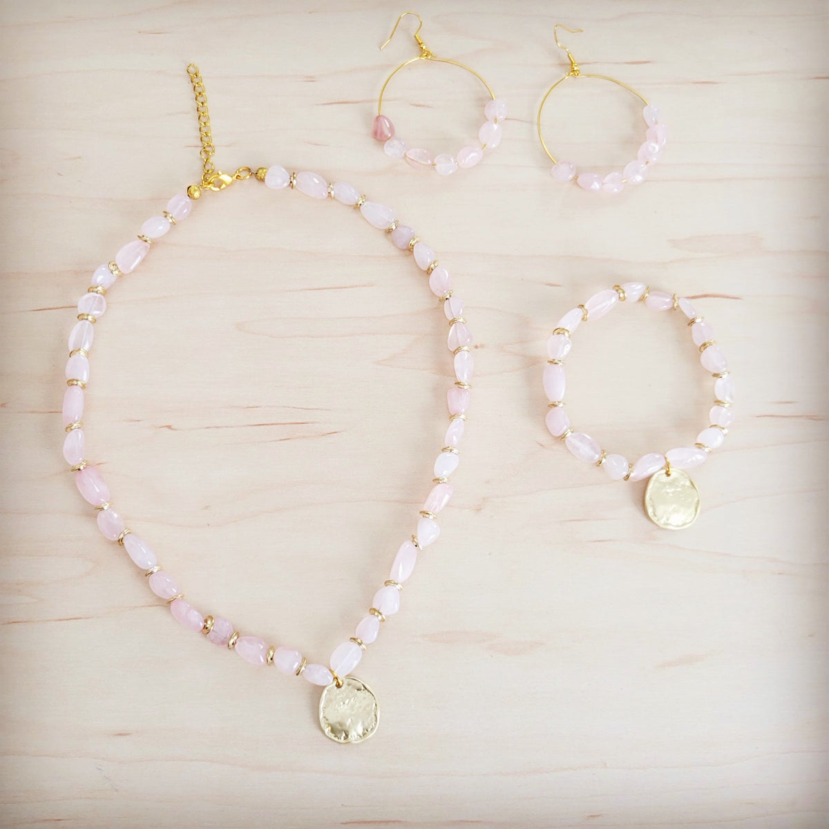 **Beaded Hoop Earrings- Genuine Natural Rose Quartz Stones 200bk