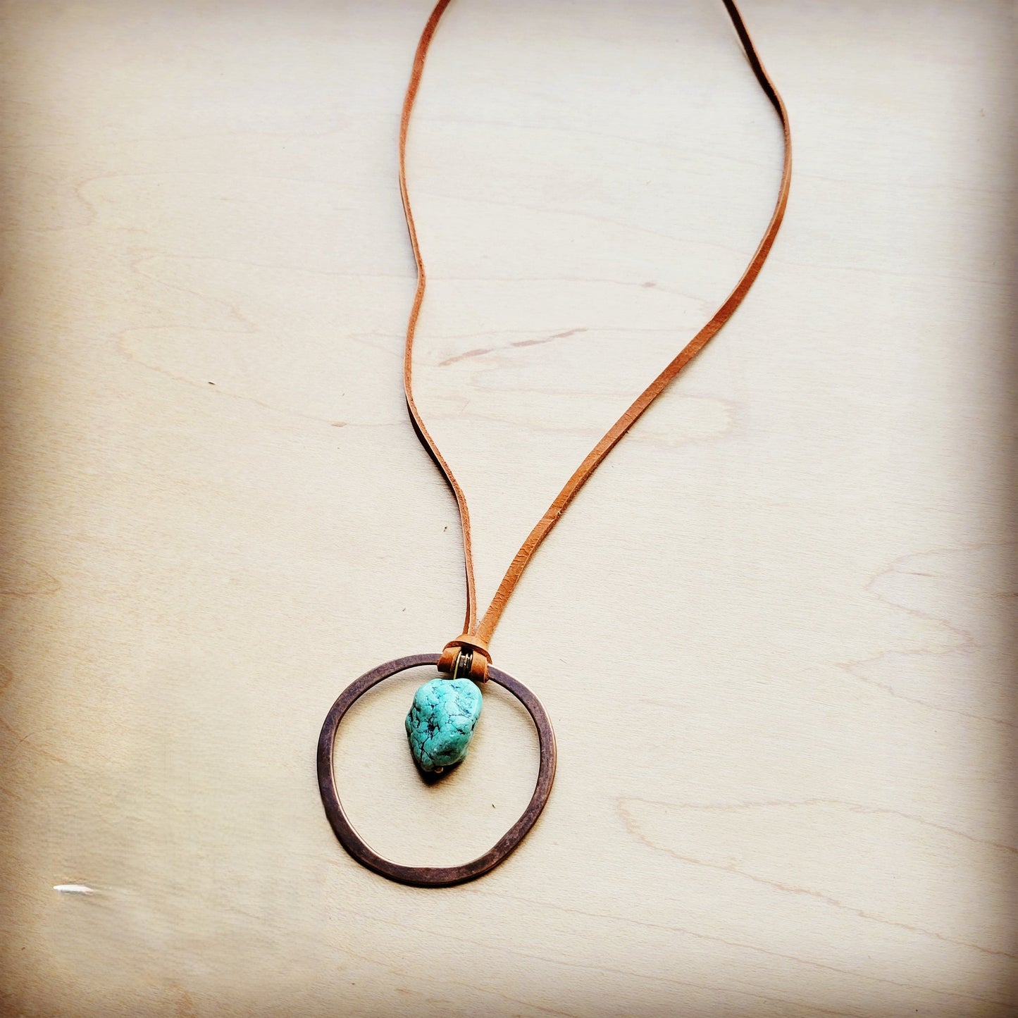 Leather Cord Necklace Antique Gold Hoop & Natural Turquoise 254v