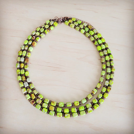 **Triple Strand Layered Boho Lime Green Regalite Collar Necklace 264i