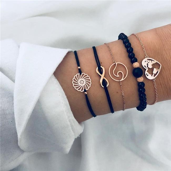 Bohemian Black Beads Chain Bracelets Bangles For Women Fashion Heart Compass Gold Color Bracelets Sets Luxury Jewelry Gifts
