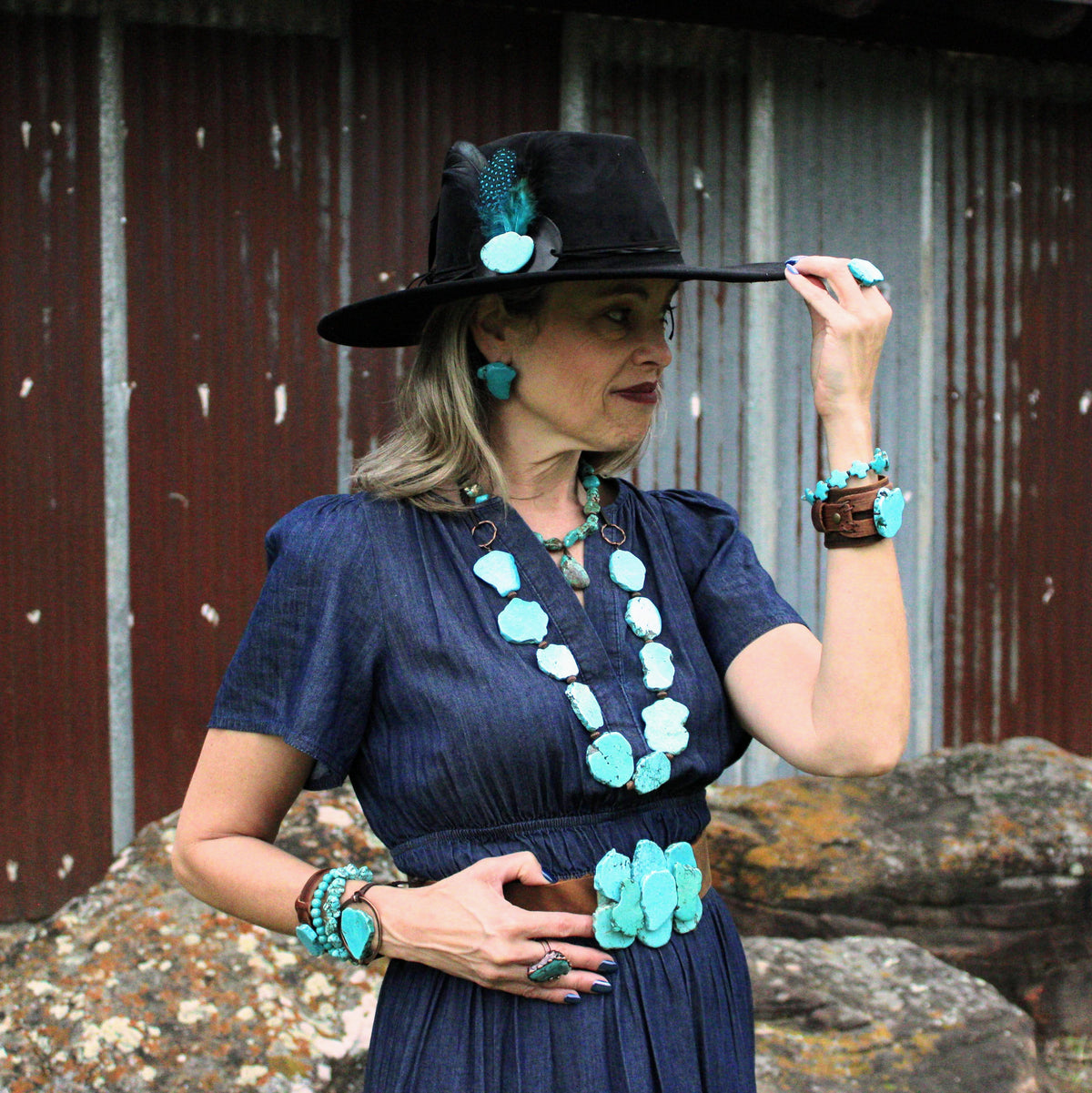 Blue Turquoise Western Slab Necklace with Leather Ties 235X
