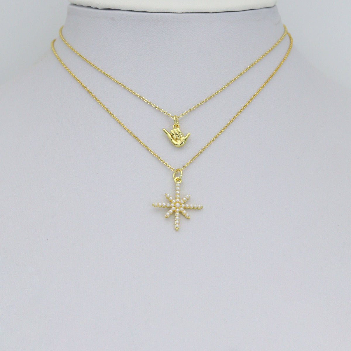 Gold Silver Shaka Hand Gesture Pearl North Star Pendant charm, Sku#A511