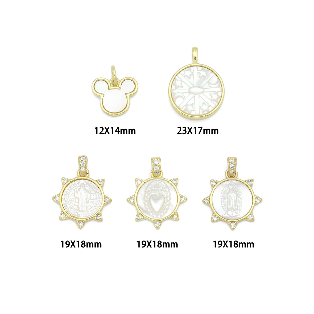 Gold Mother of Pearl Pendant Collection – Mouse Snowflake & Religious Designs, Sku#LX957