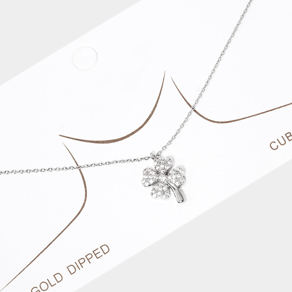 White Gold Dipped Rhinestone Embellished Clover Pendant Necklace
