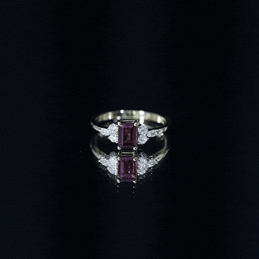 Certified Rhodolite Emerald Cut Engagement Ring with Diamond Trio