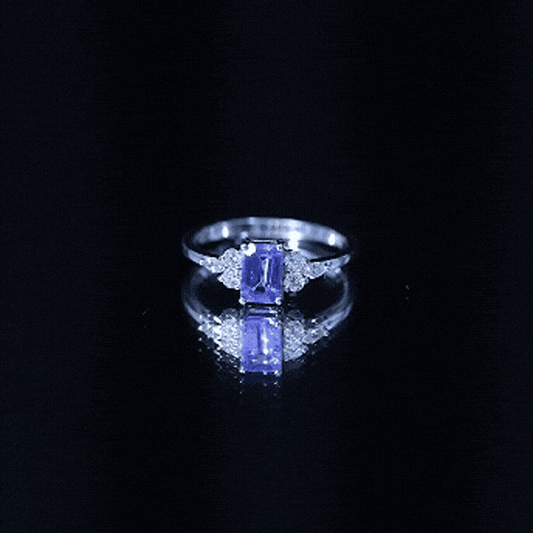 Genuine Tanzanite and Diamond Emerald Cut Engagement Ring in Silver