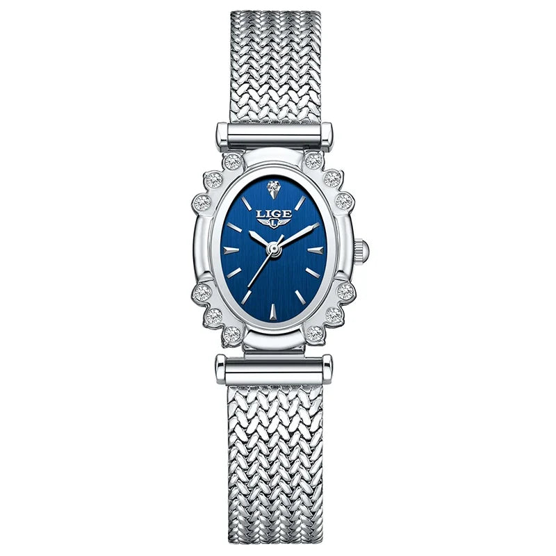 Women's Oval Quartz Watch Vintage Mesh Bracelet Blue Dial