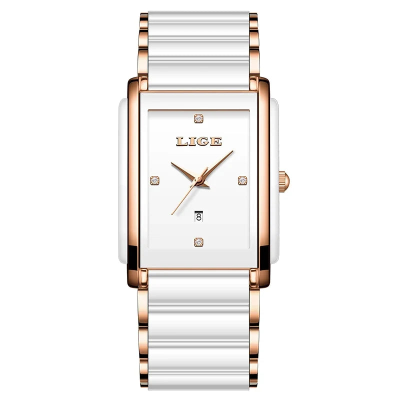 Women's Ceramic Square Bracelet Watch Rose Gold Quartz