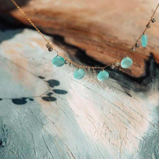 Aqua Chalcedony and Labradorite Sparkler Necklace in gold with 16-18 inch chain and spring ring clasp