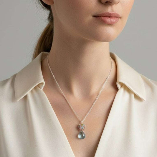 Aquamarine Quartz silver raindrop cluster necklace with sterling silver chain and spring ring clasp