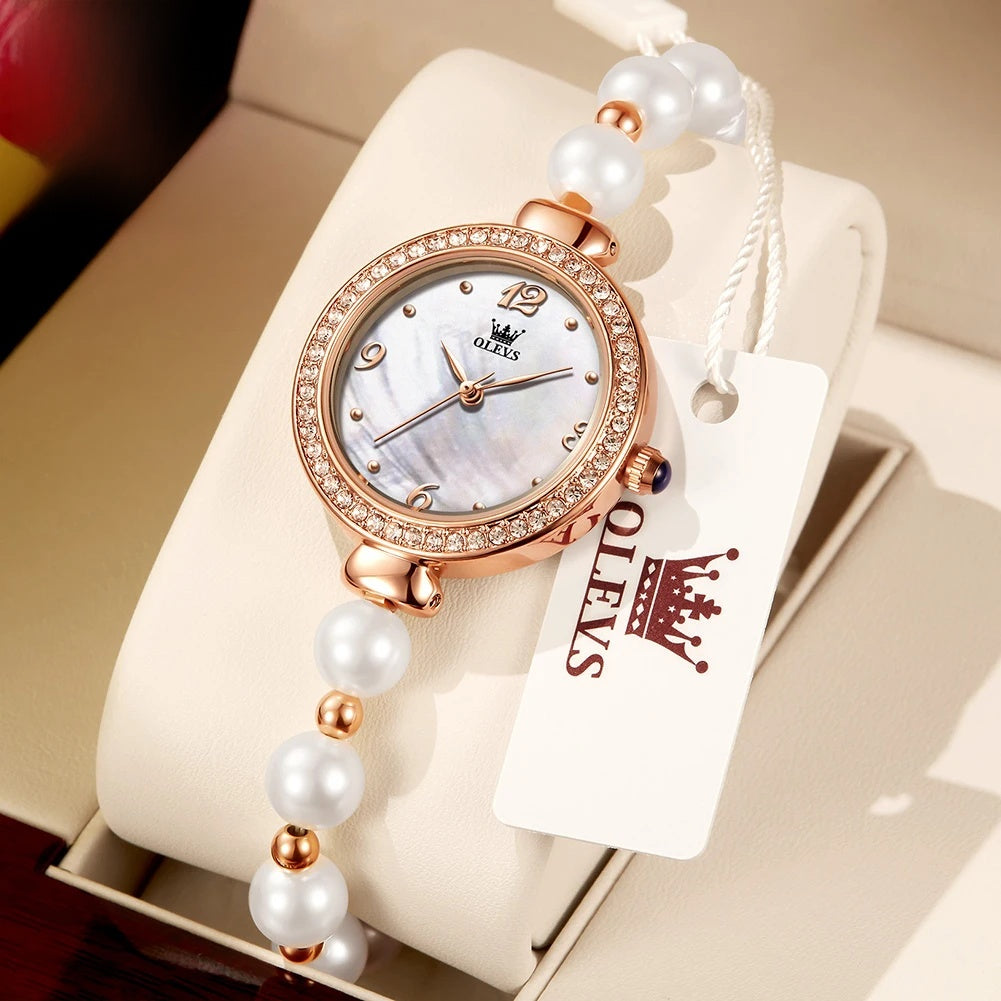 Women's Pearl Bracelet Watch Rose Gold Crystal Bezel