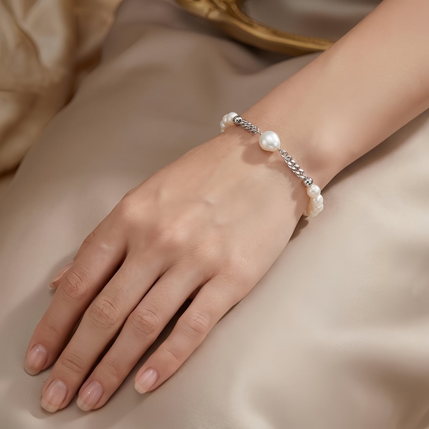 925 Sterling Silver Elegant Pearl and Sterling Chain Bracelet with Teardrop Accent