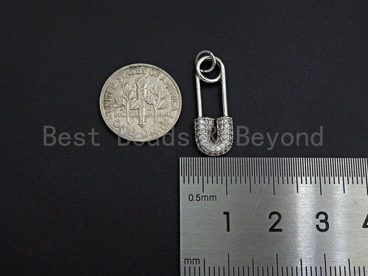 CZ Micro Pave Safety Pin Pendant, Cubic Zirconia Pendant Charm, Gold/Silver/Black, 8x25mm, SKU#Y239