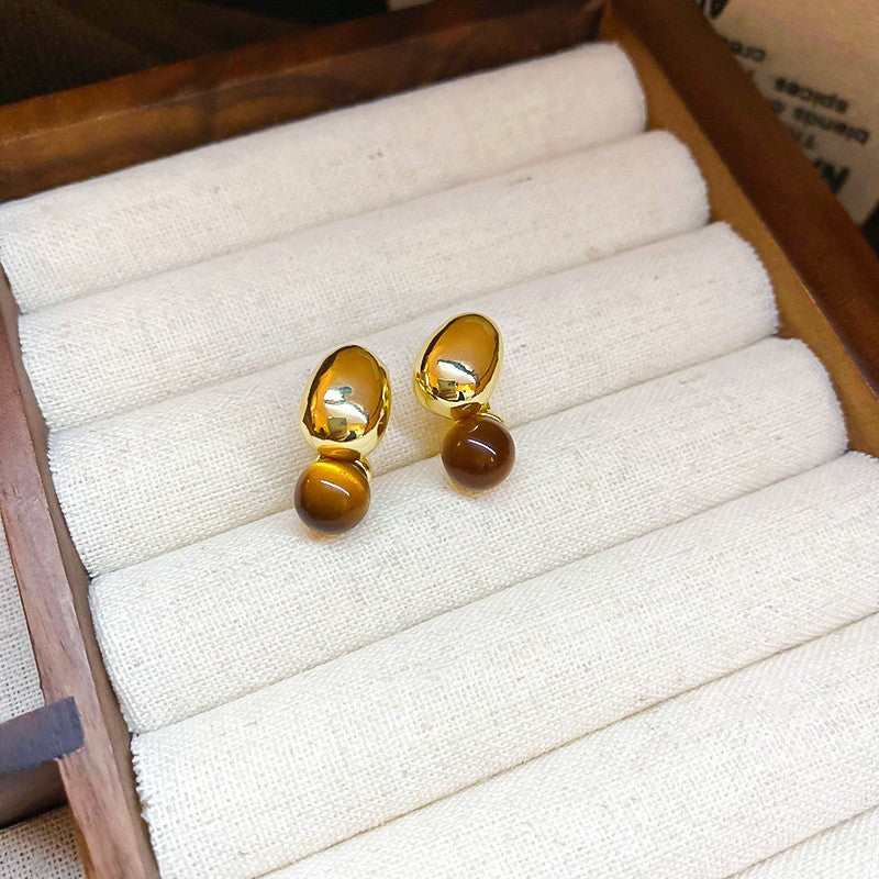 Handmade Maillard Aesthetic Hoops, Amber Resin & Gold Tone C-Shaped Earrings, Vintage Chunky Lightweight Fashion Jewelry, Unique Gift For Her