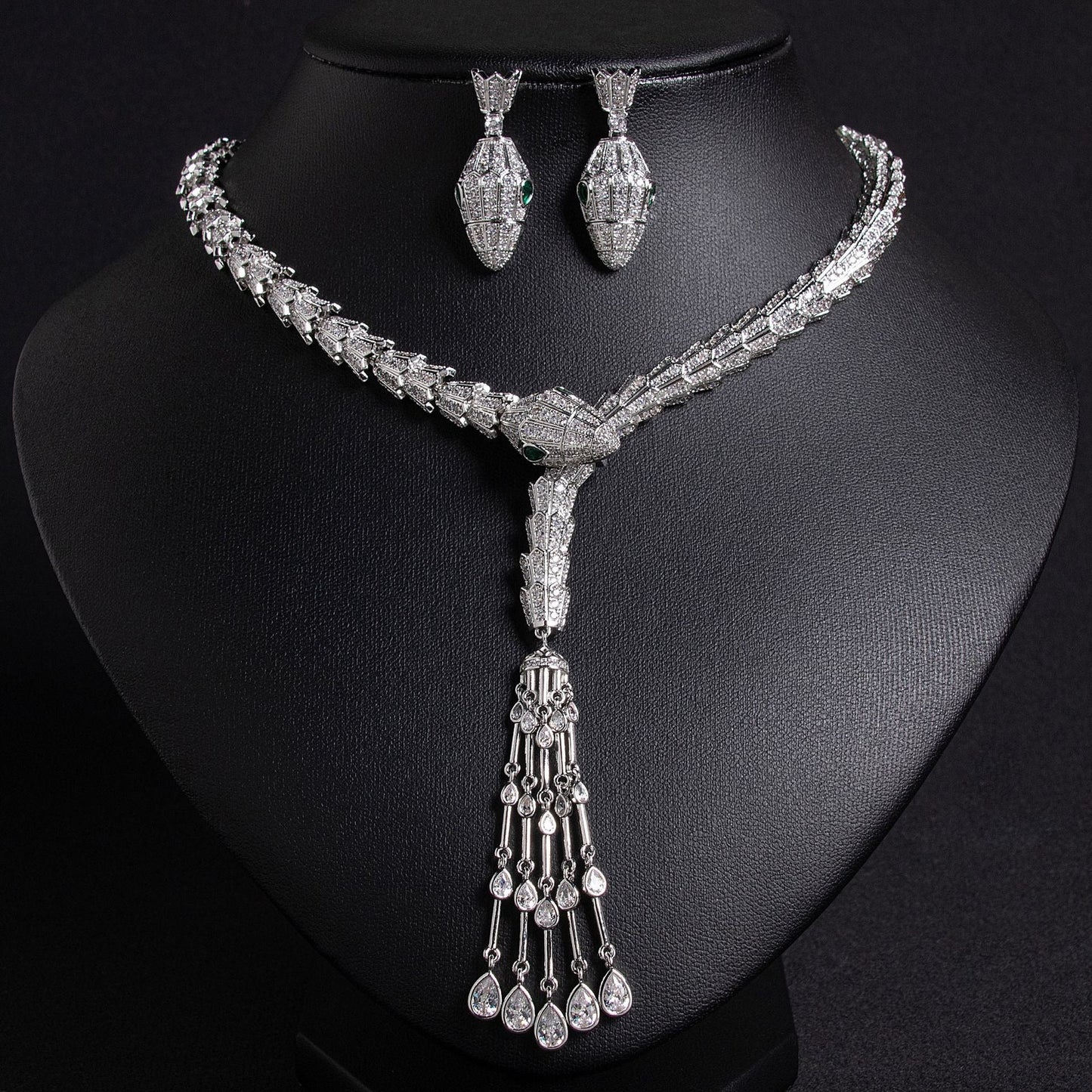 Serpentine Teardrop Tassel Zircon Earrings & Necklace Set