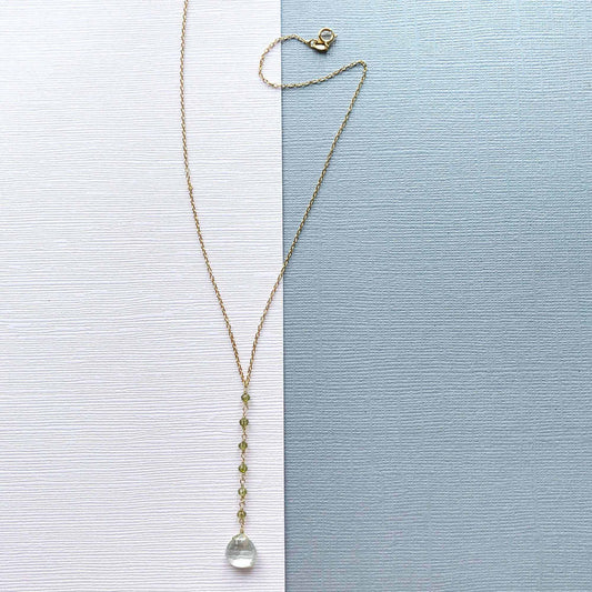 Green Amethyst Mini Yoga PendantYoga pendant necklace with a green amethyst (a.k.a. prasiolite) gemstone and peridot accent stones- 18-20" long with a 2" extender chain- Pendant drop is 2" long- 1NecklacesPARKEN JEWELRYVettedArcGreen Amethyst Mini Yoga Pendant