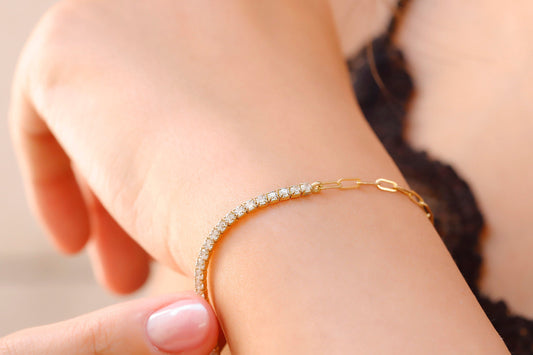 Shimmering Tennis Bracelet with Paperclip Chain - Elevate Your Style