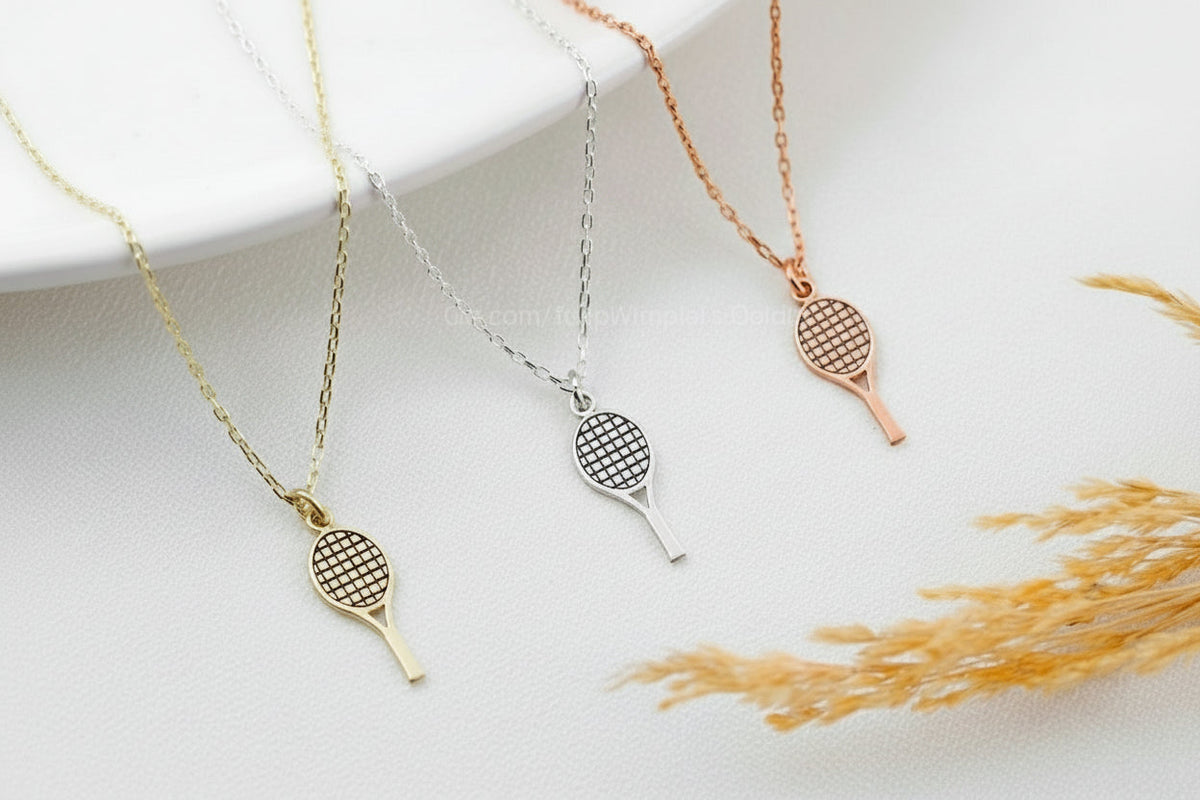 925 Sterling Silver Dazzling Tennis Racket Necklace - Dainty Gold Pendant for Tennis Lovers, Unique Sports Jewelry Gift