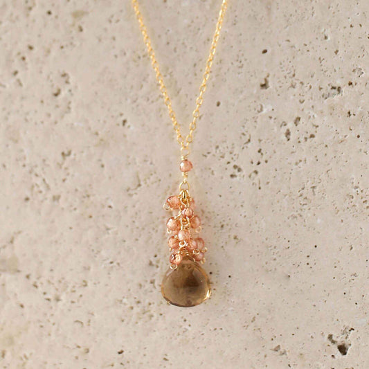 Smoky Quartz Cluster Necklace with smoky quartz raindrop pendant and champagne quartz gems on gold plated sterling silver chain