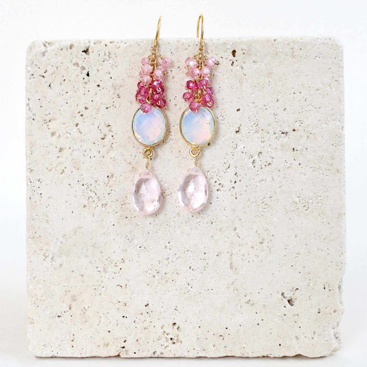 Opal Quartz Bezel Cluster EarringsDripping in gems, these long gemstone drop earrings are made with an opal quartz bezel, pink clear quartz and pink tourmaline gemstones.- 2.5" long- French hooks
- 1EarringsPARKEN JEWELRYVettedArcOpal Quartz Bezel