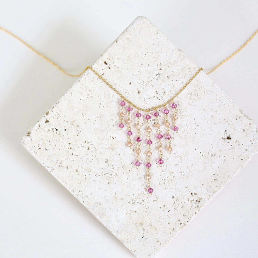Pink Tourmaline Mini Fringe NecklaceNecklaces that demonstrates the charming side of fringe, crafted with Pink Tourmaline and Champagne Quartz gemstones. Measuring 16-18" in length with a 2" extender cNecklacesPARKEN JEWELRYVettedArcPink Tourmaline