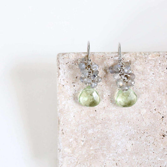 Green Amethyst Silver Drop EarringsGemstone candy! Handmade silver drop earrings with stunning green amethyst gemstones topped with a gorgeous cluster of labradorite gems.
- 1.25" long- French hooks- EarringsPARKEN JEWELRYVettedArcGreen Amethyst Silver Drop Earrings