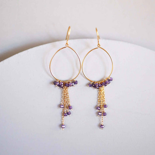 Amethyst gold mini hoop earrings with delicate gemstone chains and 14k gold plated sterling silver