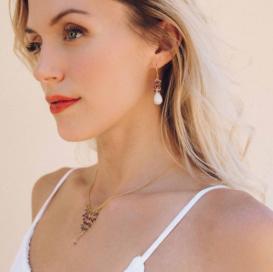White Chalcedony Bala EarringsShimmering white stones topped with a rainbow cluster of gems.
- 1.25" long- French hooks- 14k gold plated .925 fine Italian sterling silver- Made in the USA in our EarringsPARKEN JEWELRYVettedArcWhite Chalcedony Bala Earrings