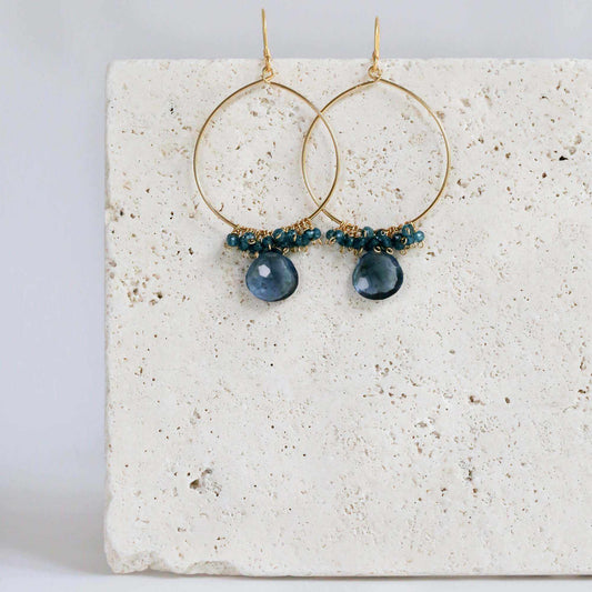 Iolite Swing Earrings 2.5 inch delicate 14k gold plated hoops over .925 Italian silver