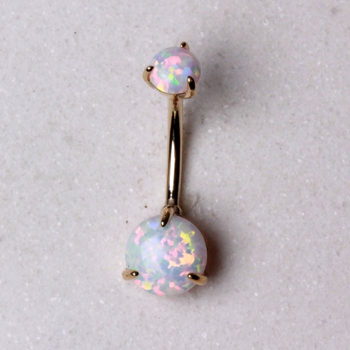 14Kt Yellow Gold Navel Ring with Prong Set White Synthetic Opal