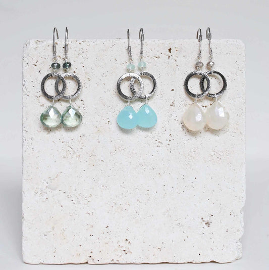 The Airie Earring with blue chalcedony gemstones and rhodium plated sterling silver French hooks
