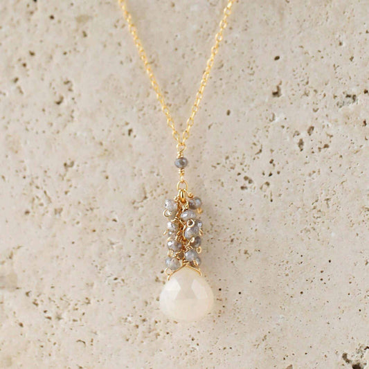White Chalcedony Cluster Necklace with labradorite gems on gold plated sterling silver chain