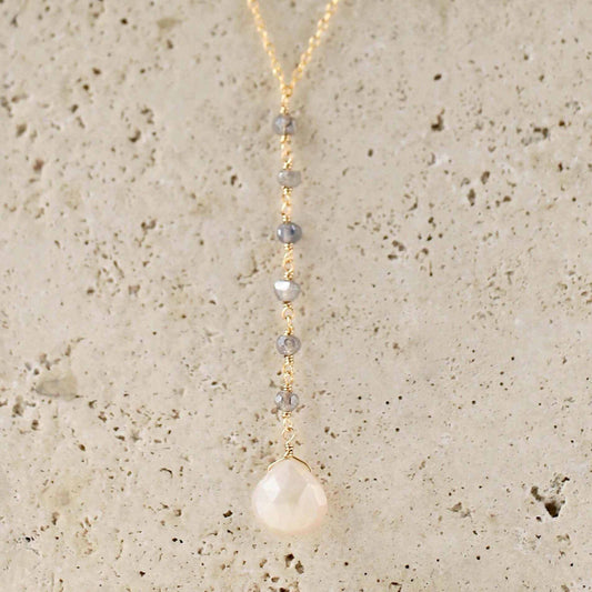 White Chalcedony Yoga Necklace with faceted labradorite gems and 14k gold plated sterling silver Y pendant