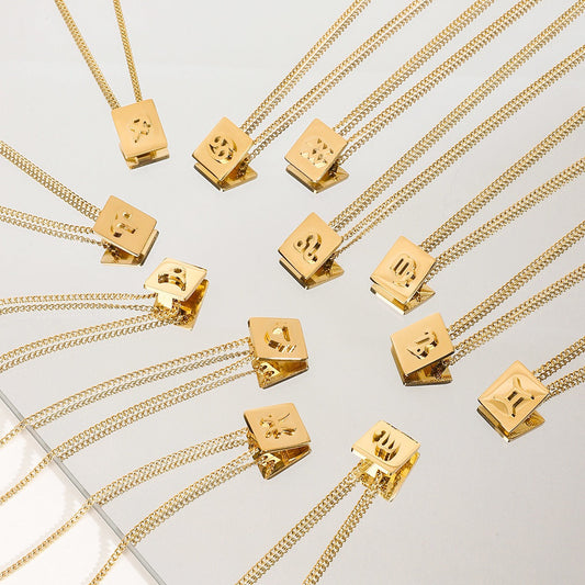 18K Gold Square Necklace With Twelve Zodiac Elements Design, Classic And Fashionable