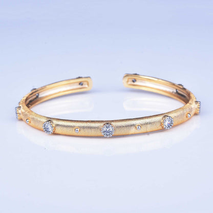 Vintage Brushed Texture Open Cuff Bangle For Women, Gold Tone Clear Tone Simulated Zirconia Star Dot Inlay Light Luxury Daily Commute Hand Jewelry