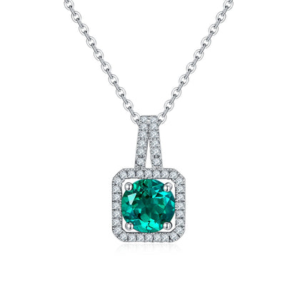 S925 Sterling Silver 2ct Lab-Grown Ruby Emerald Pendant Necklace, Platinum Plated Square Halo With Split Pave Bail, Women's Fine Jewelry Gift Box