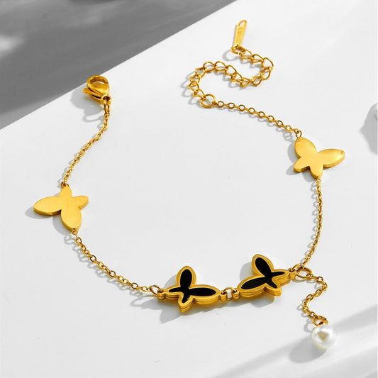 Pearl Chain Tassel Butterfly Beach Style Metal Titanium Steel Anklet