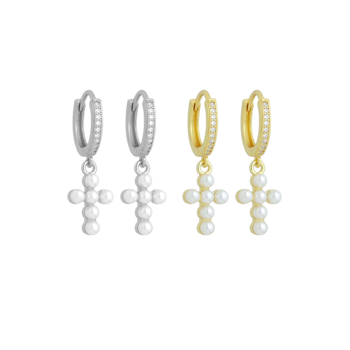Dainty Pearl Cross Pendant with CZ Hoop Dangle Earrings, Sku#EF833