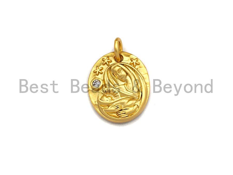 CZ Micro Pave Oval With Virgin Mary and Baby Jesus Pendant,Cubic Zirconia Oval Charm, Silver/Gold Pendant,12x14mm,sku#Y213