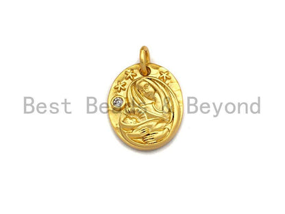CZ Micro Pave Oval With Virgin Mary and Baby Jesus Pendant,Cubic Zirconia Oval Charm, Silver/Gold Pendant,12x14mm,sku#Y213
