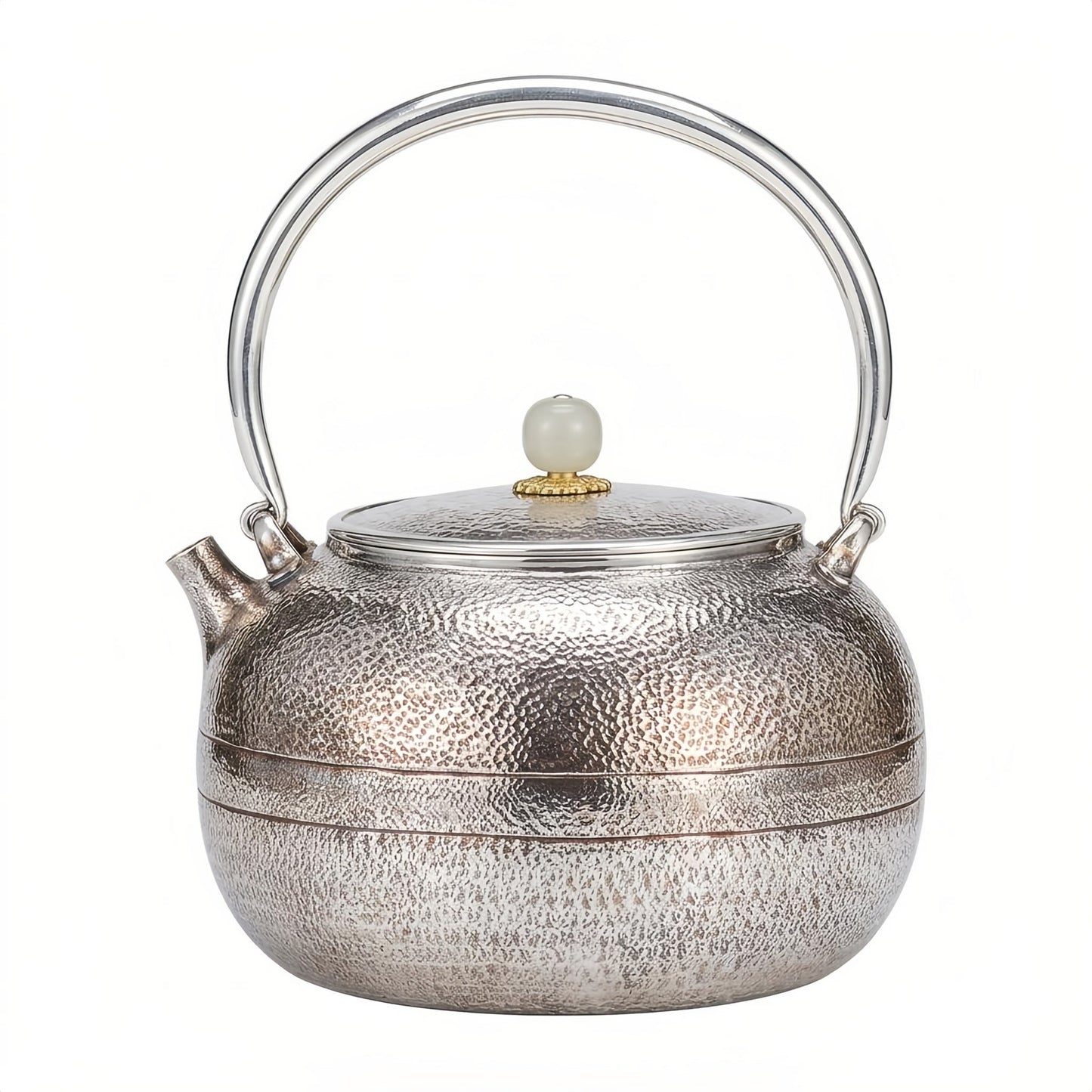 Pure 999 Fine Silver Elegant Handcrafted Hammered Silver Teapot with a Polished White Stone Lid Finial - Handicraft