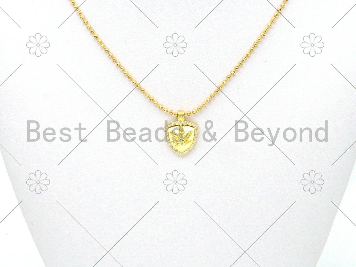 CZ Micro Pave Maple Leaf On Shield Shape Pendant, Gold/Silver/Rose Gold Shiled Charm, Necklace Bracelet Charm Pendant, 21x15mm,Sku#Y483