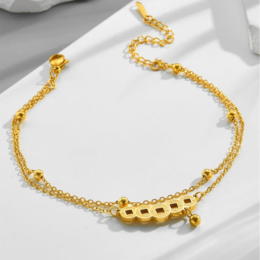 18K Gold Double-layer Bead Necklace Retro Chinese Style Copper Coin Anklet