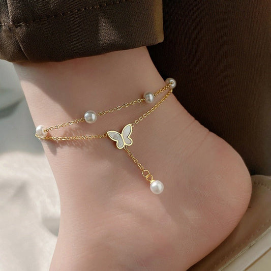 18K Gold Double Pearl Butterfly Pendant Shell Foot Ring Titanium Steel Anklet