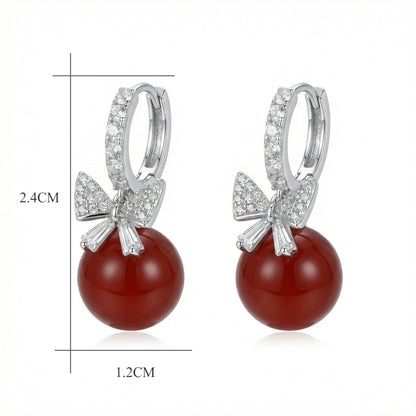 925 Sterling Silver Elegant Red Agate and Sparkling Crystal Bowknot Drop Hoop Earrings